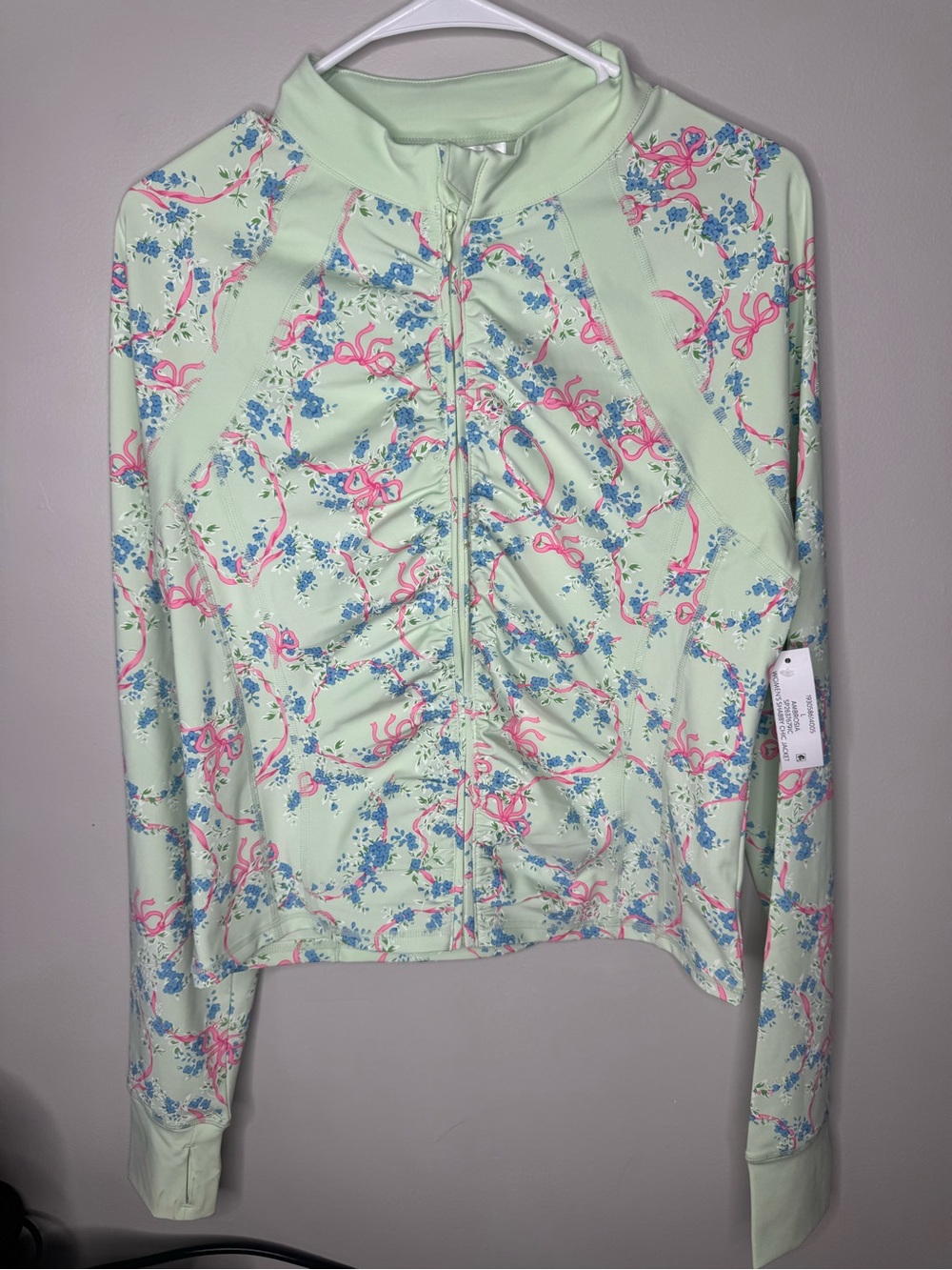 Light Green Floral Zip-Front Women's Top